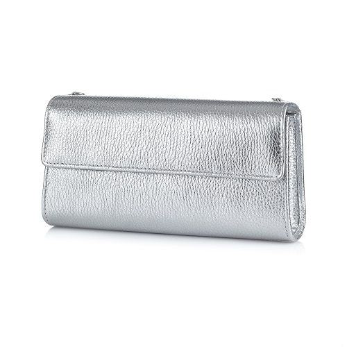 Die stylische Clutch Bag ist aus echtem und feinstem Leder in Silber. Die Tasche hat einen Magnetverschluss.  